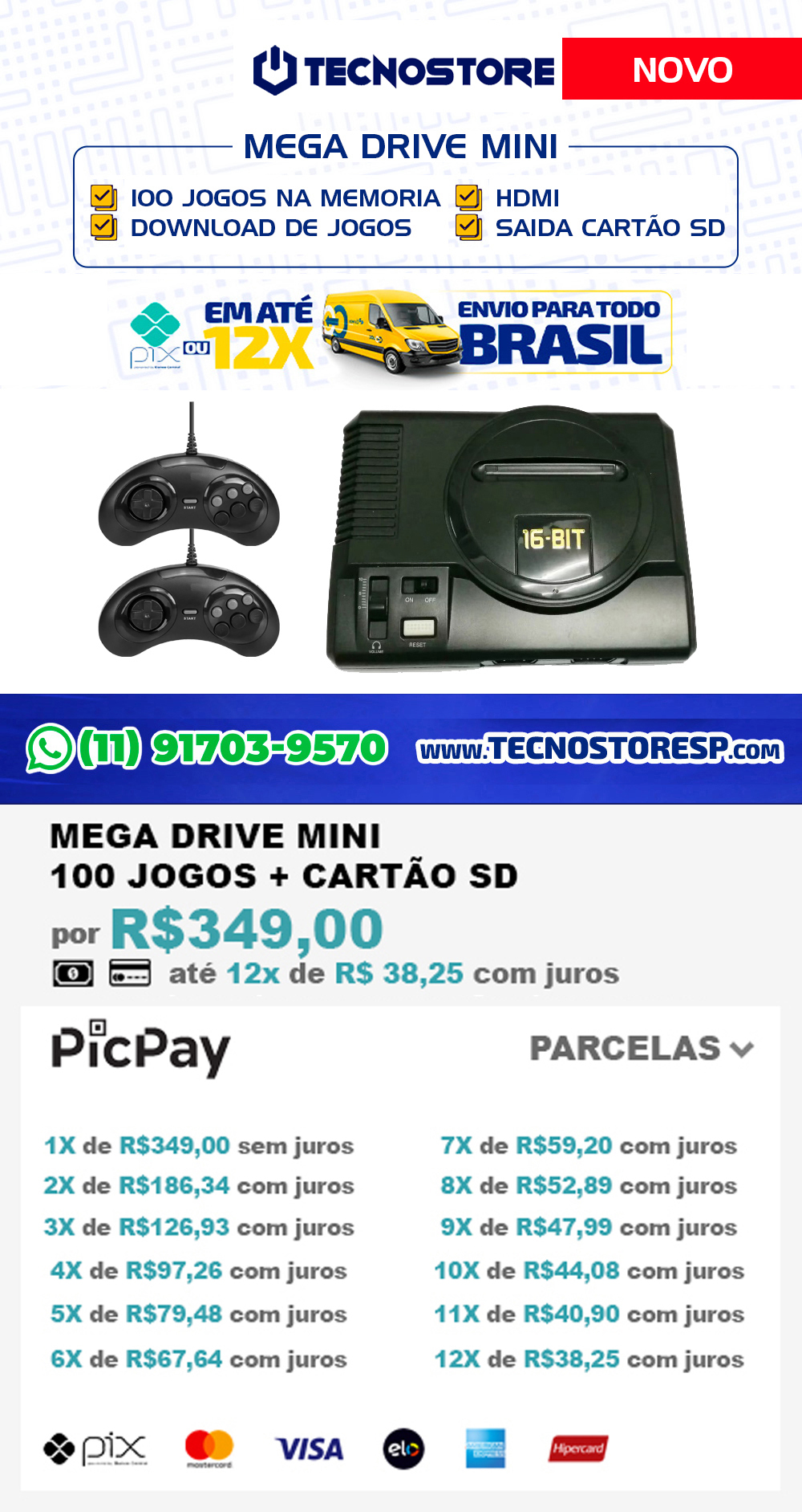 MEGA DRIVE MINI - 100 JOGOS + CARTÃO SD