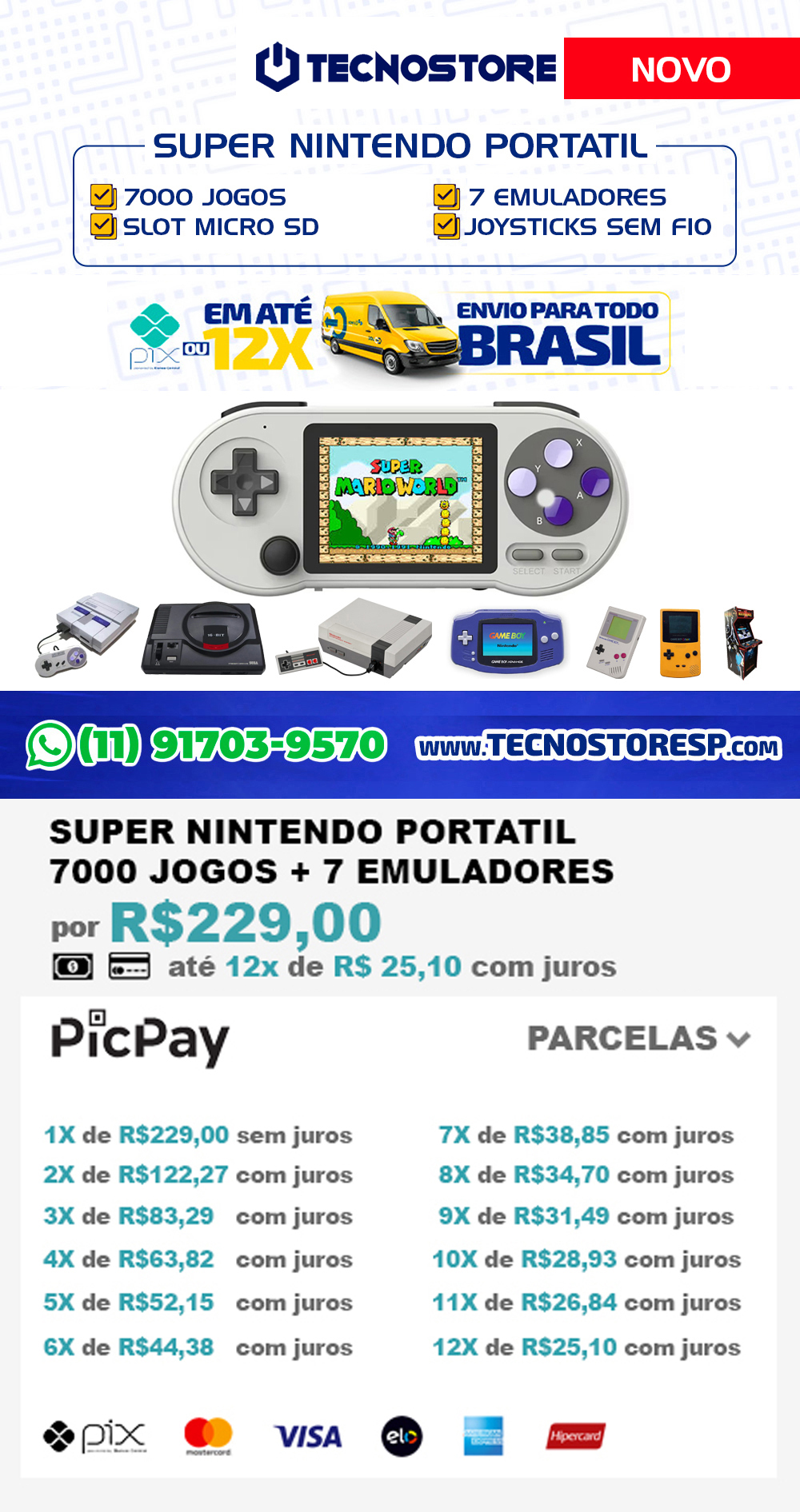 SUPER NINTENDO PORTATIL 7000 JOGOS + 7 EMULADORES
