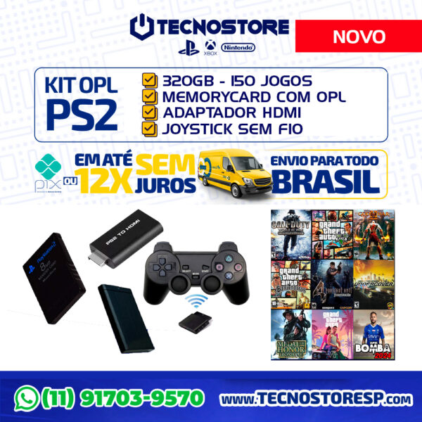 KIT OPL PLAYSTATION2 320GB - 150 JOGOS + JOYSTICK SEM FIO